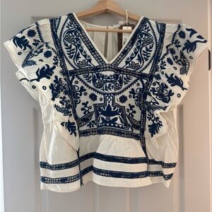 NWT Embroidered V-Neck Flutter Sleeve Top - Navy on White XL